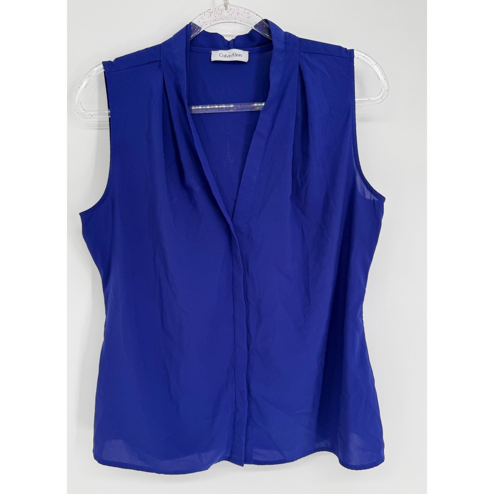 Calvin Klein Womens Cobalt Blue Sleeveless V-Neck Button Front Blouse Sz S